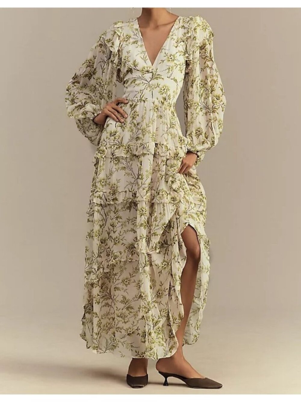 BHLDN Liana Printed V Neck Long Sleeve Maxi Dress Whimsy Cottagecore Womens XS